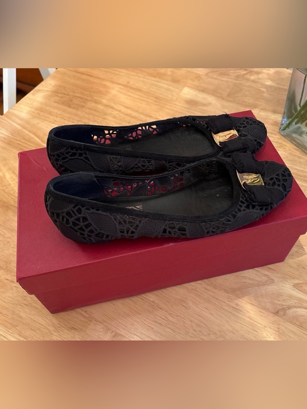 Salvatore Ferragamo Black Lace Bow Flats size 7.5